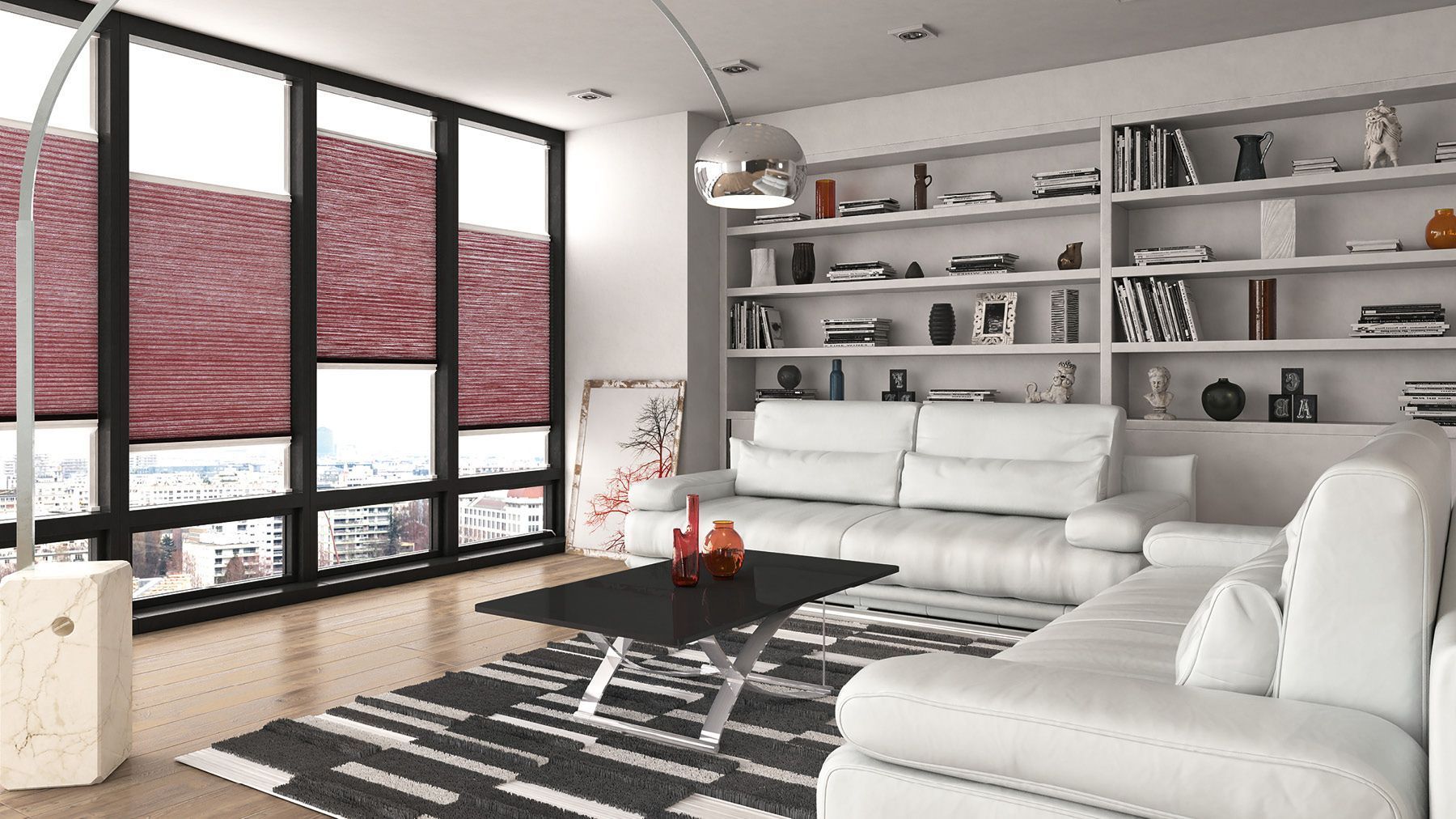 Wohnzimmer mit Wabenplissee in Beere