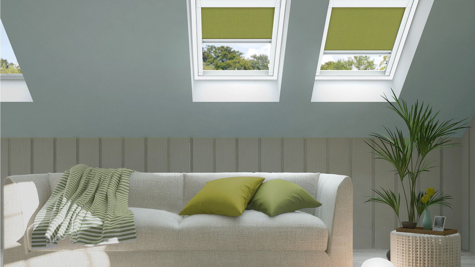 Grünes Rollo von Teba im Dachfenster Wohnzimmer 