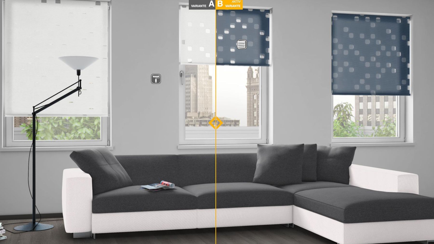 Digitale Vorschau Wohnzimmer mit Teba Doppelrollo