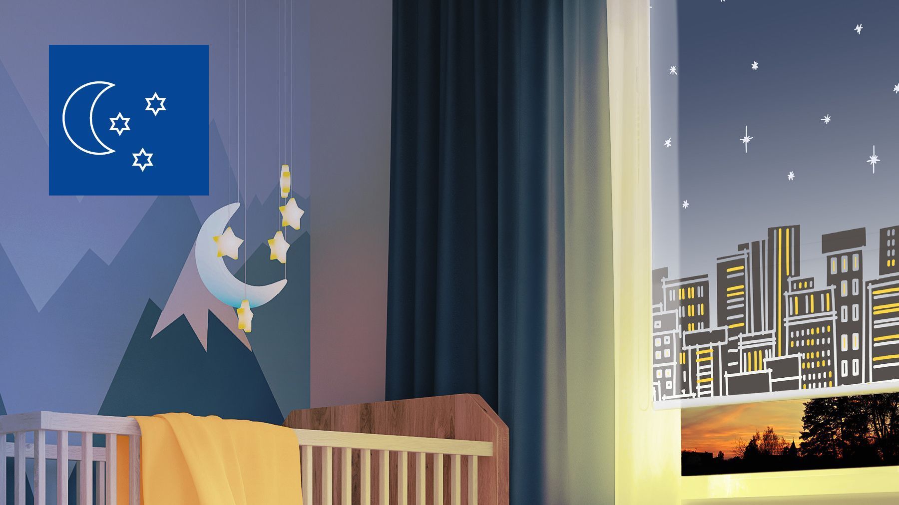 Kinderzimmer bei Nacht mit Abdunkelnd Piktogramm