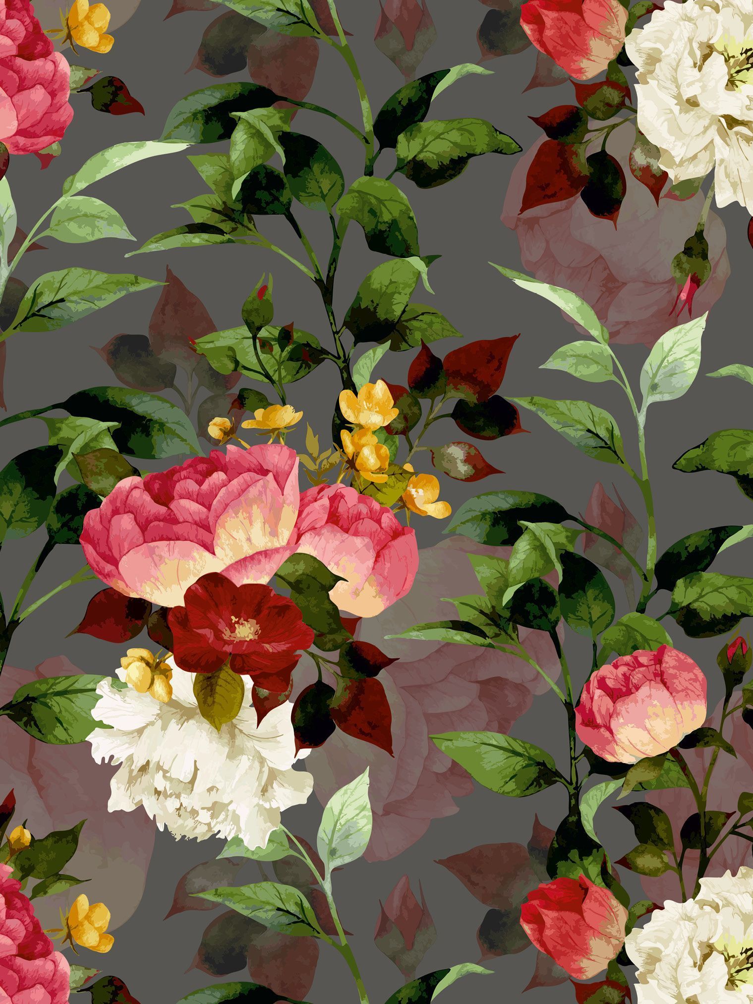 Teba Flaechenvorhang rote Pfingstrosen vor dunklem Hintergrund